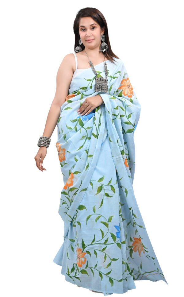 Blue-Handprint-saree-with-Yellow