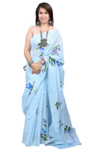 Handmade-Printed-Blue-plain-Saree-