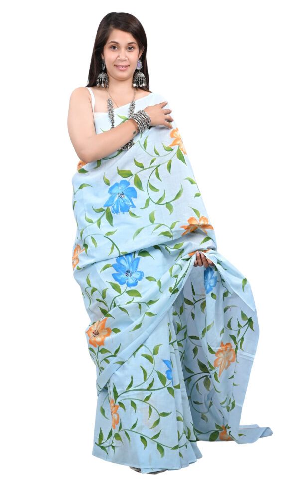 Blue-Handprint-saree-with-Yellow