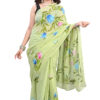 Handmade Green Cotton Saree with Multicolor Floral Print – Ethnic & Elegant
