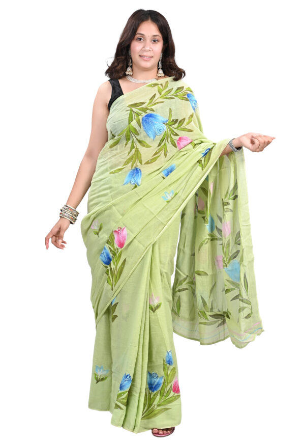 Handmade Green Cotton Saree with Multicolor Floral Print – Ethnic & Elegant