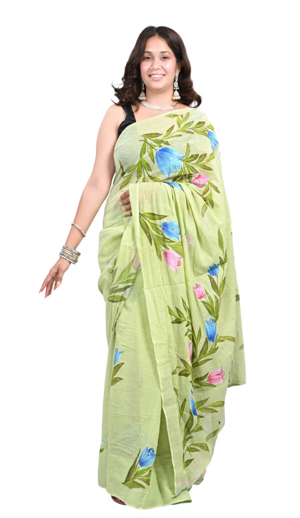 Handmade Green Cotton Saree with Multicolor Floral Print – Ethnic & Elegant