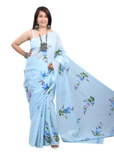 Handmade-Printed-Blue-plain-Saree-