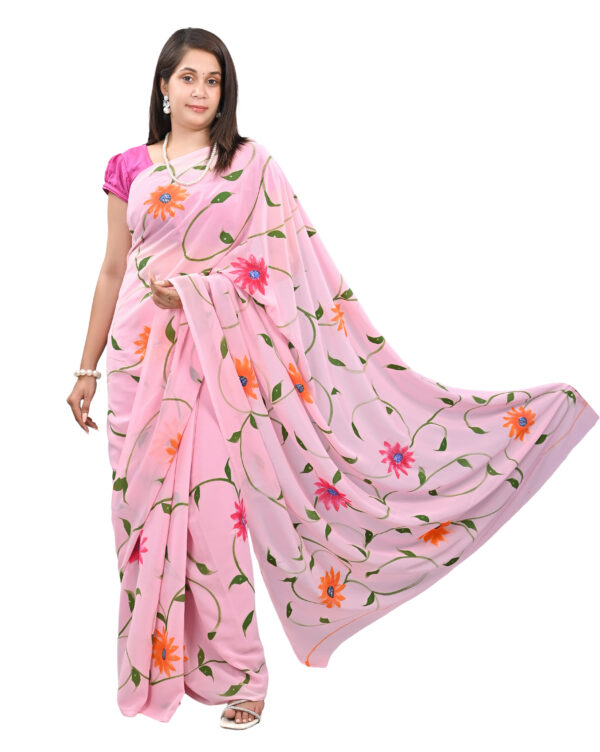 Handmade Pink Floral Printed Saree – Elegant Craftsmanship with Soft Cotton Feel