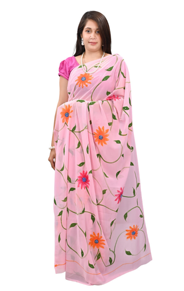 Handmade Pink Floral Printed Saree – Elegant Craftsmanship with Soft Cotton Feel